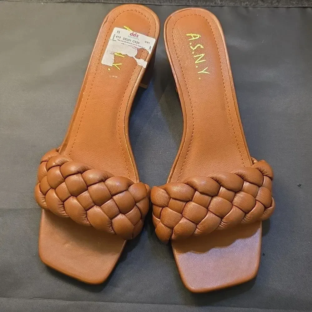 BRAND NEW A.S.N.Y WOMEN'S BRAIDED LOW BLOCK HEEL SANDALS